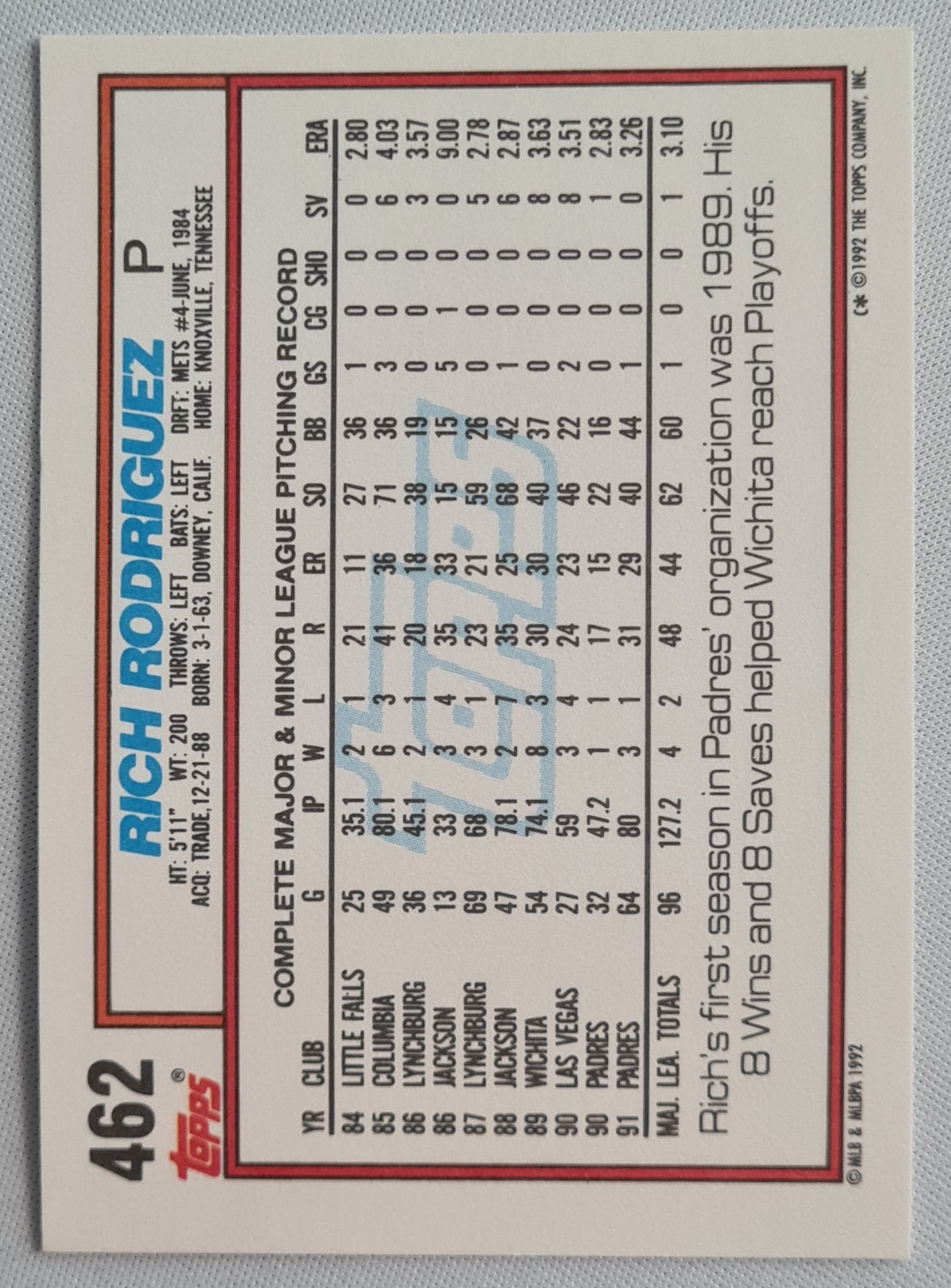 Rich Rodriquez - 1992 Topps San Diego Padres #462