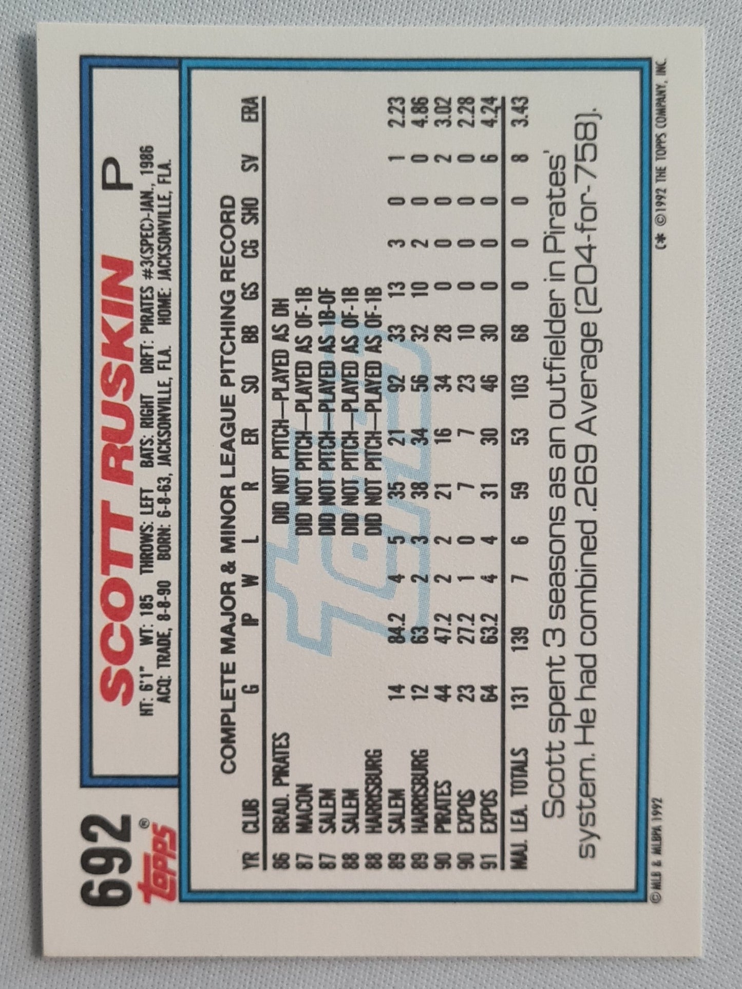 Scott Ruskin - 1992 Topps Montreal Expos #692