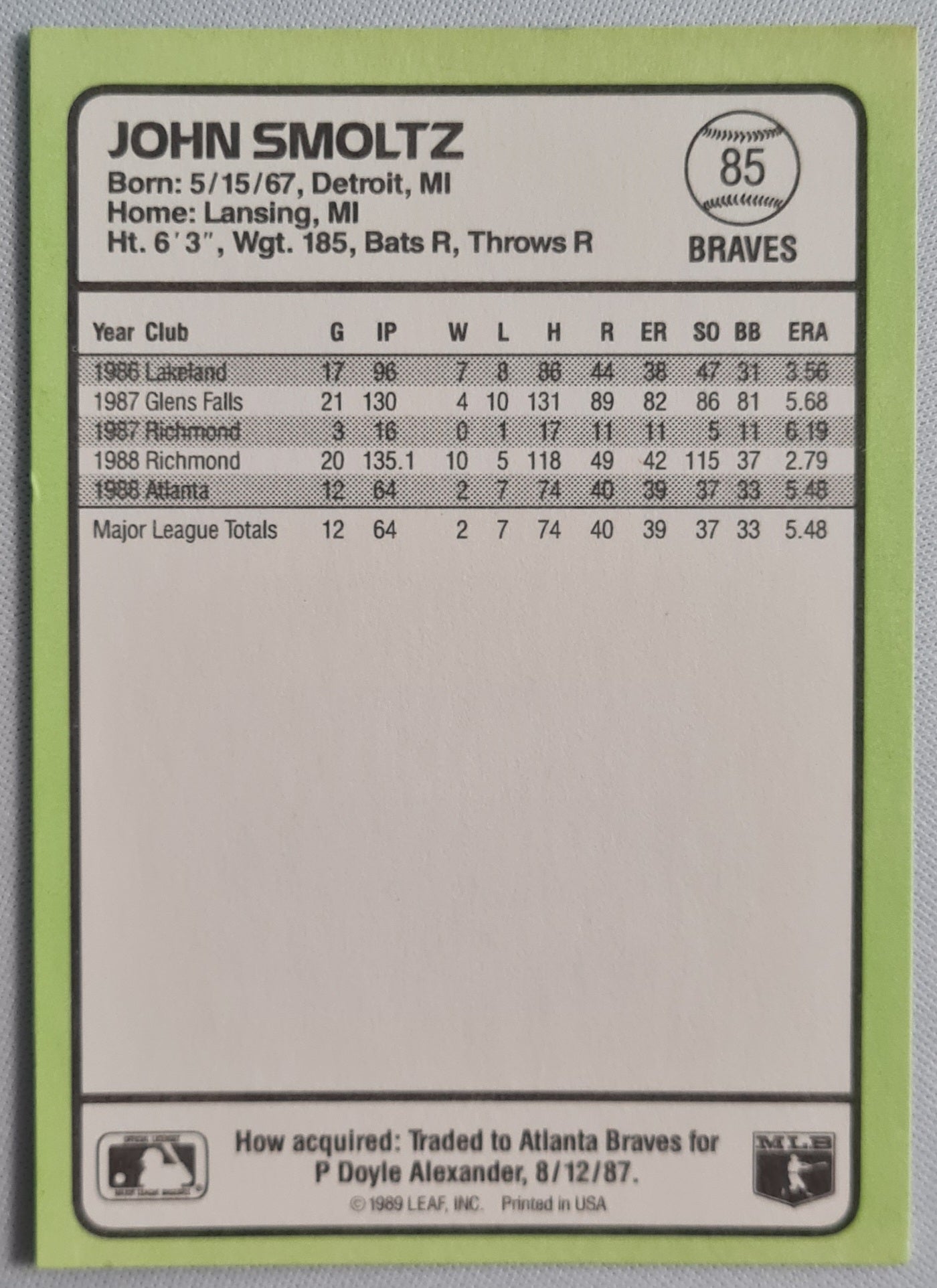 John Smoltz - 1989 Donruss Leaf inc - Atlanta Braves #85