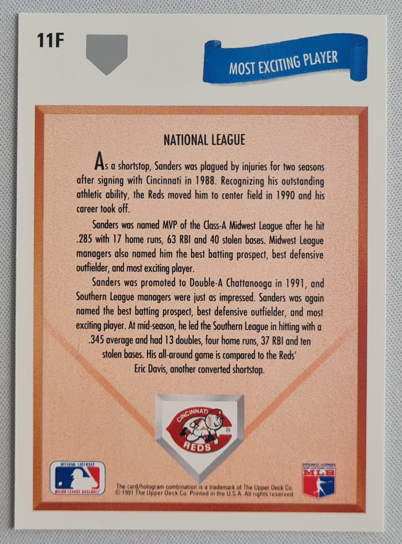 Reggie Sanders - 1991 Upper Deck "Most Exciting Player" Reds - Diamond Skills