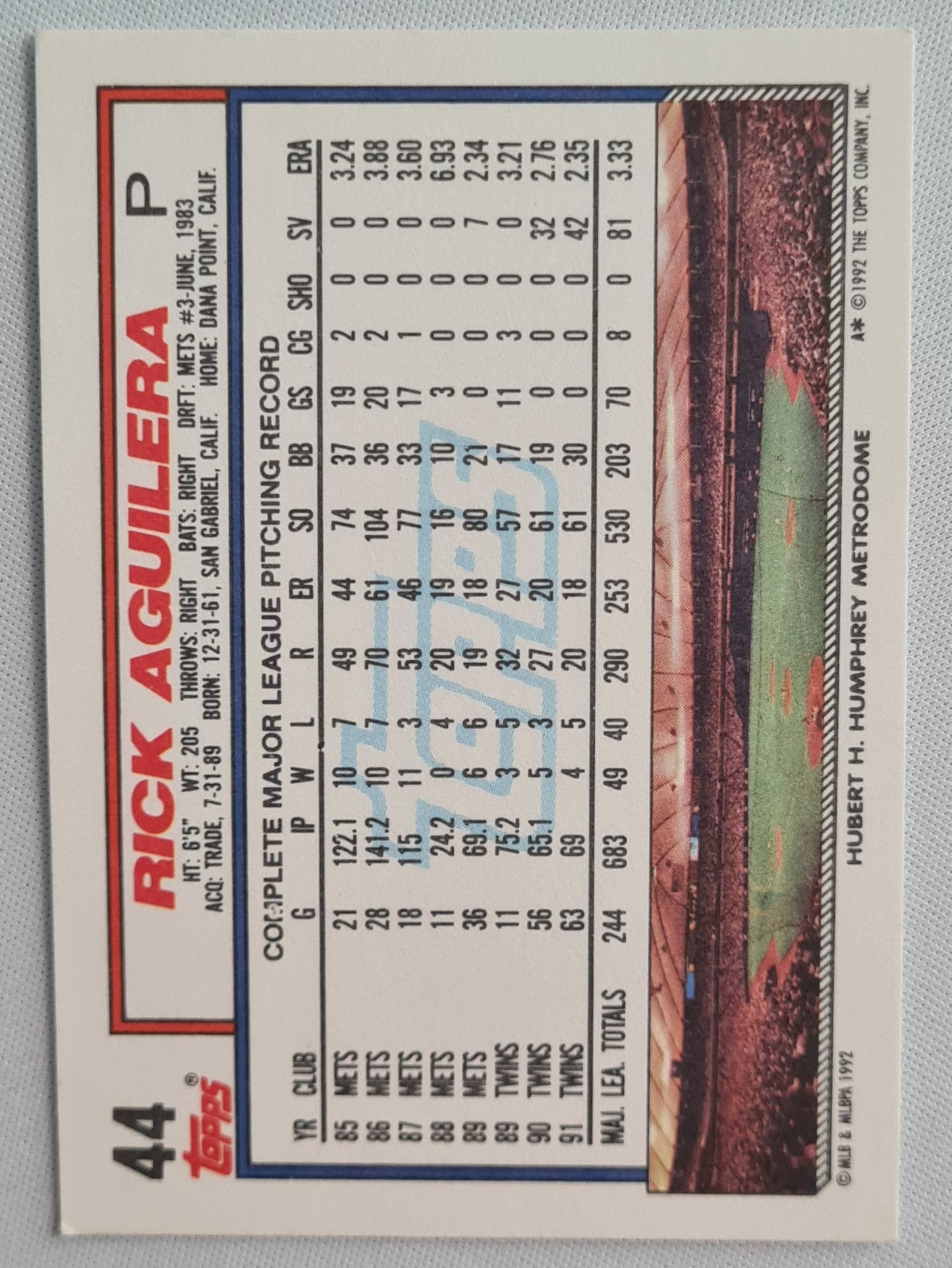 Rick Aguilera - 1992 Topps Minnesota Twins #44