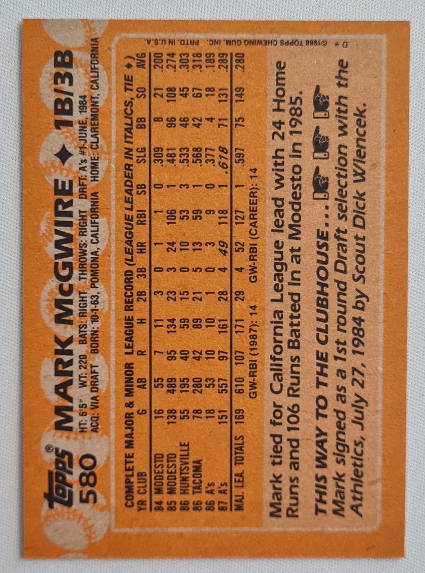 Mark McGwire - 1988 Topps Tiffany #580 Oakland A's