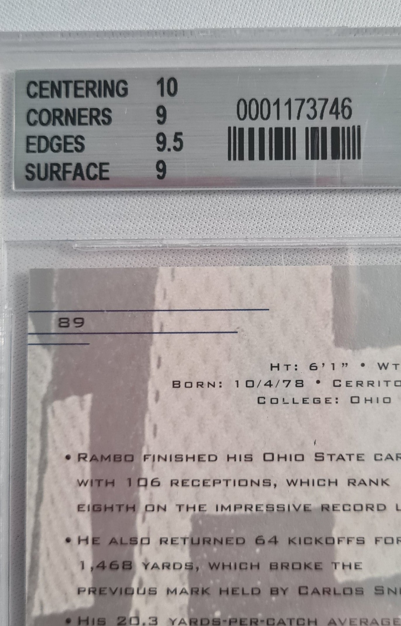 Ken-Yon Rambo - 2001 UD Graded #89 Rookie Series Portrait /900 Raiders Beckett 9