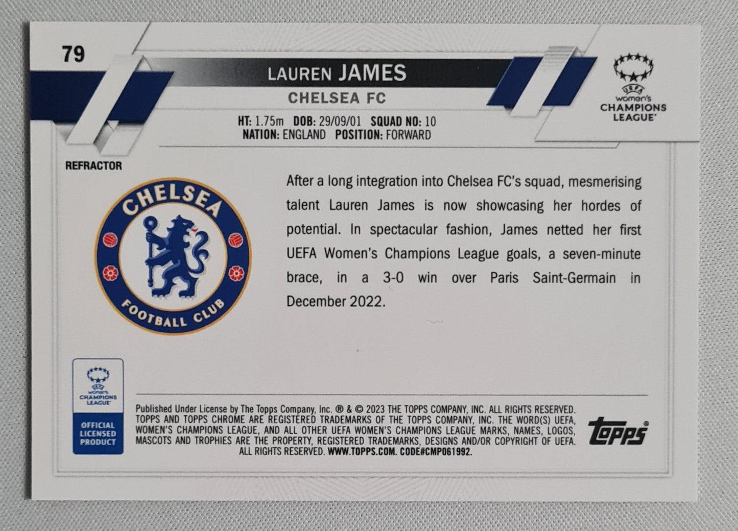 Lauren James - 2023 Topps Chrome #79 Chelsea FC Champions League Refractor