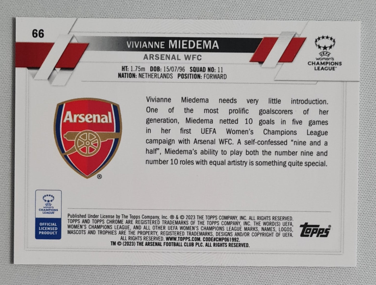 Vivianne Miedema - 2023 Topps Chrome #66 Arsenal WFC (CL)
