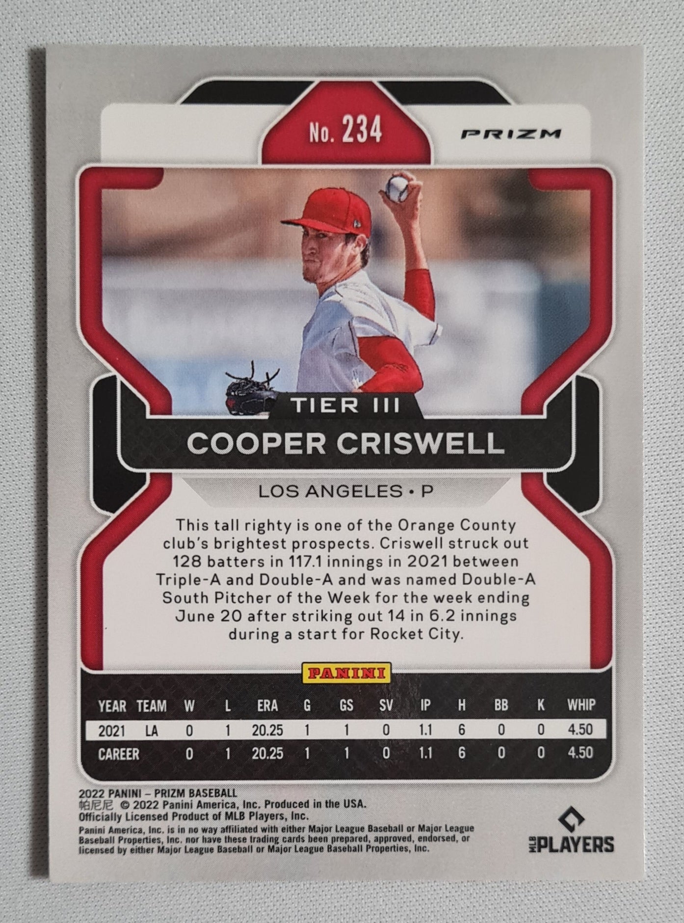 Cooper Criswell - 2022 Panini Prizm Tier III White Wave Prizm #234 Los Angeles Angels
