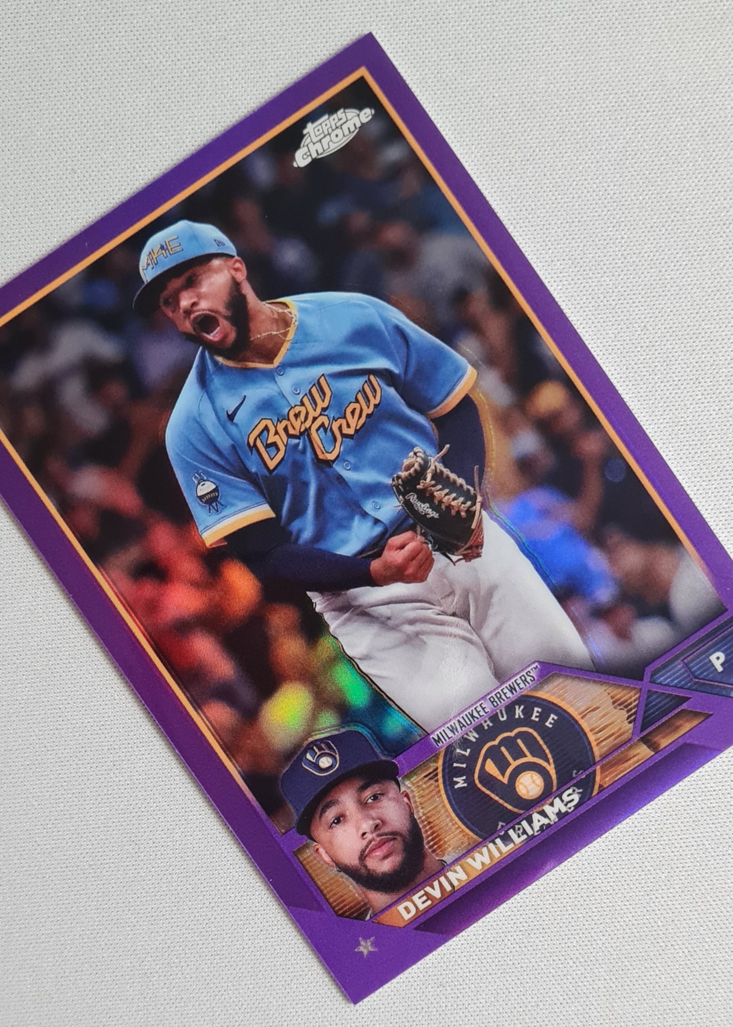 Devin Williams - 2023 Topps Chrome Update Purple Refractor /250 #USC82 Milwaukee Brewers