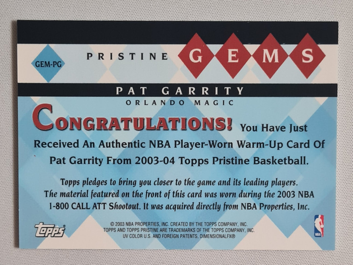 Pat Garrity - 2003 Topps Prestine Gems Patch