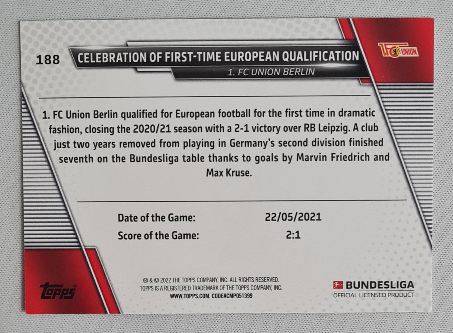 1. FC Union Berlin - 2022 Topps Bundesliga Celebration of first-time European qualification #188 Cracked Ice