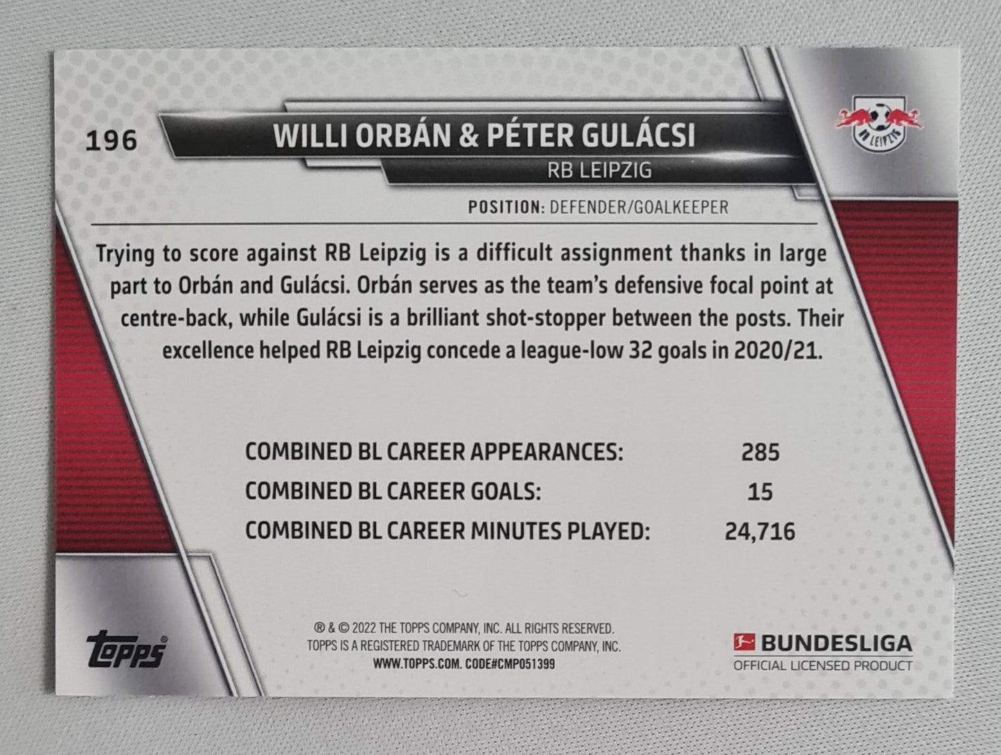 Orban/ Gulacsi - 2022 Topps Bundesliga Defensive Wall - RB Leipzig Red Bull #196 Cracked Ice