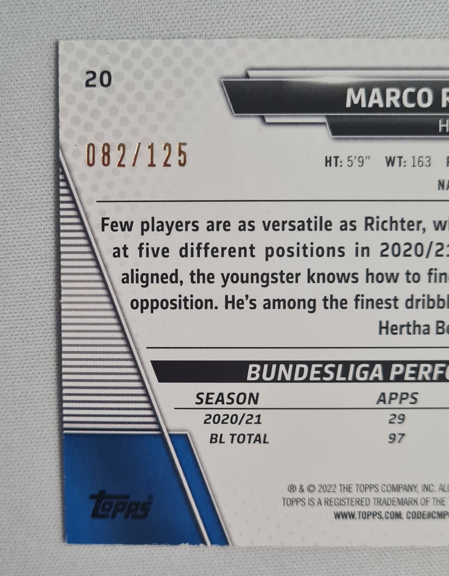 Marco Richter - 2022 Topps Bundesliga Hertha Berlin #20 Fuchsia Foil /125