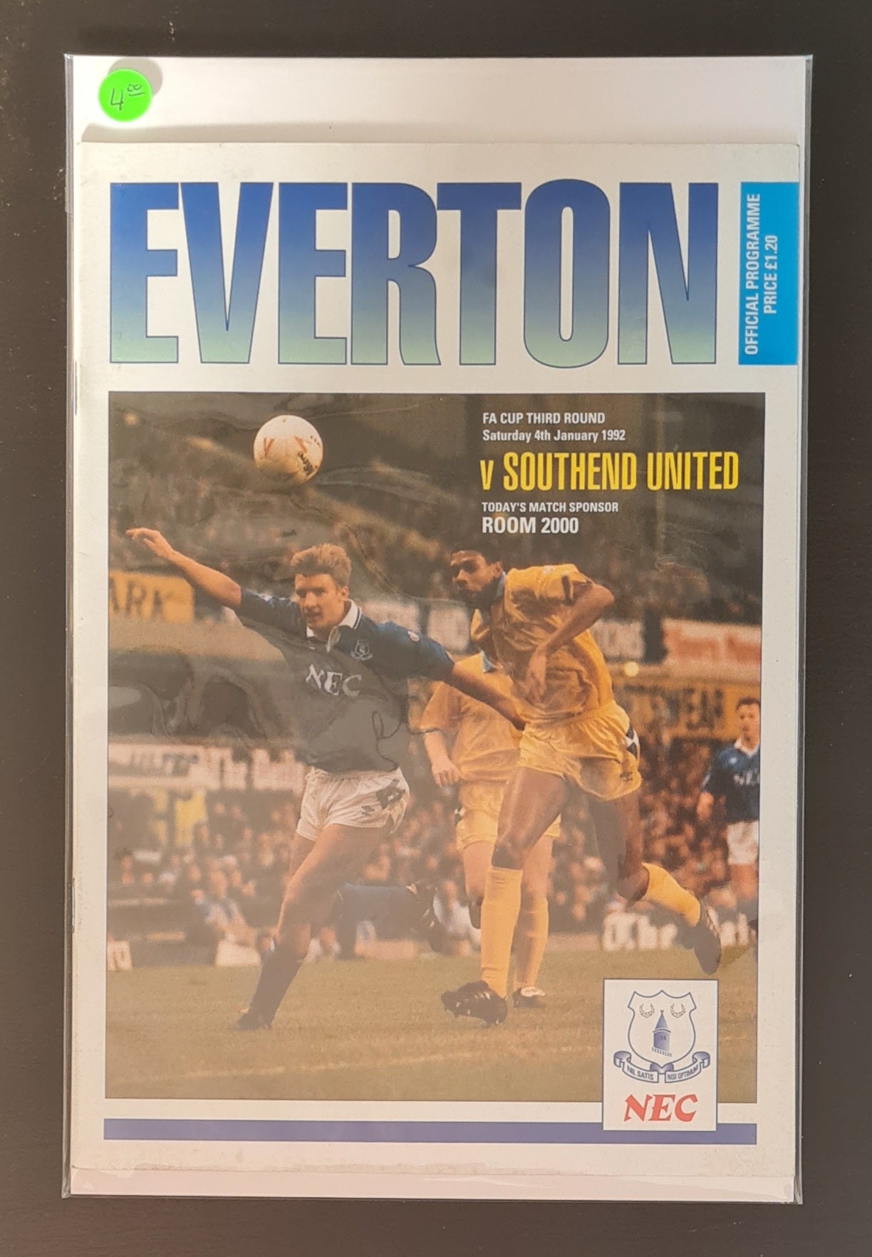 Soccer Everton Programme - 1992 Everton vs Southend United F.A. Cup Third Rounds 04 January