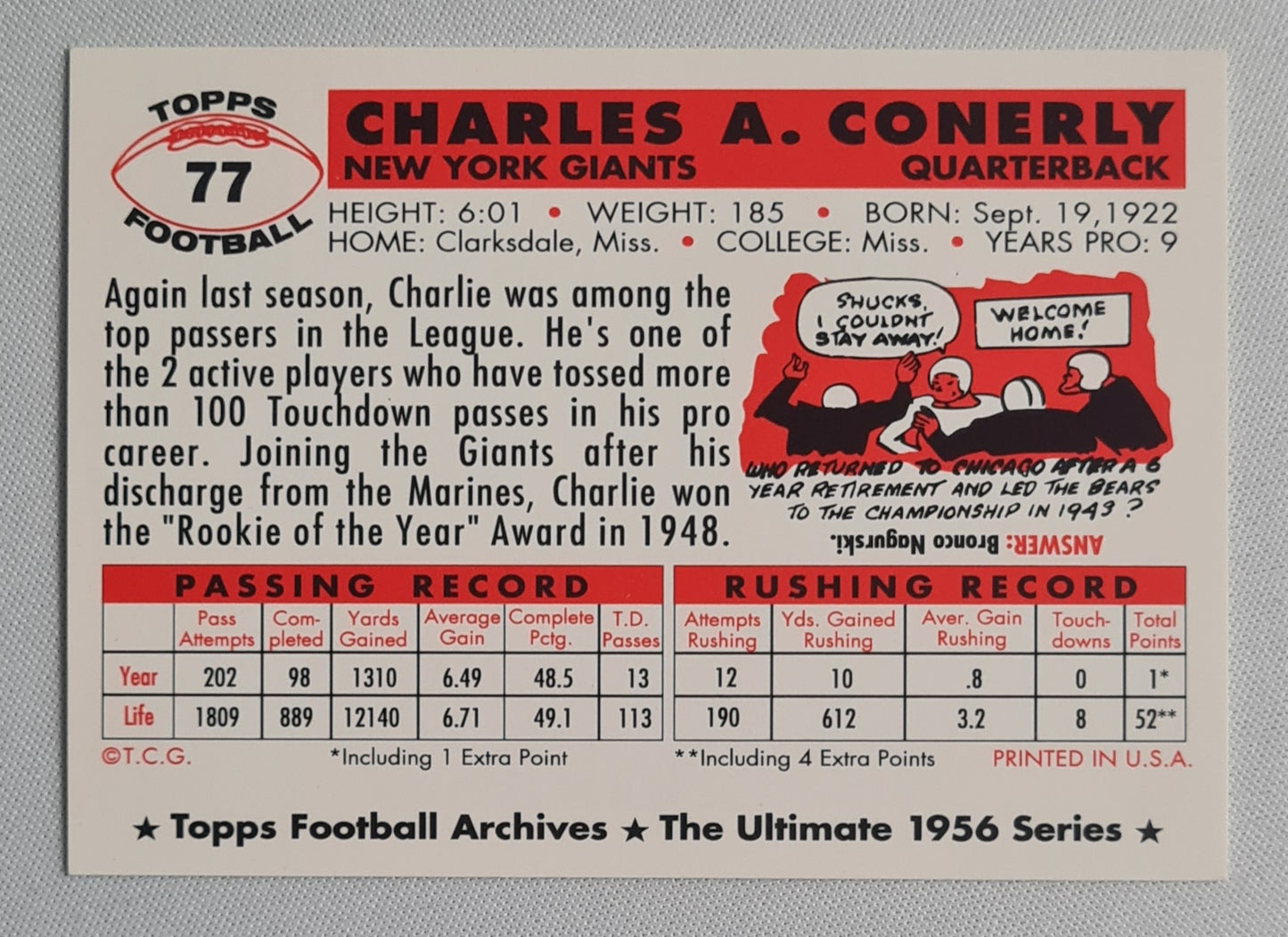 Charels A. Conerly - 1956 Topps Football Archives * The Ulimate 1956 Series #77