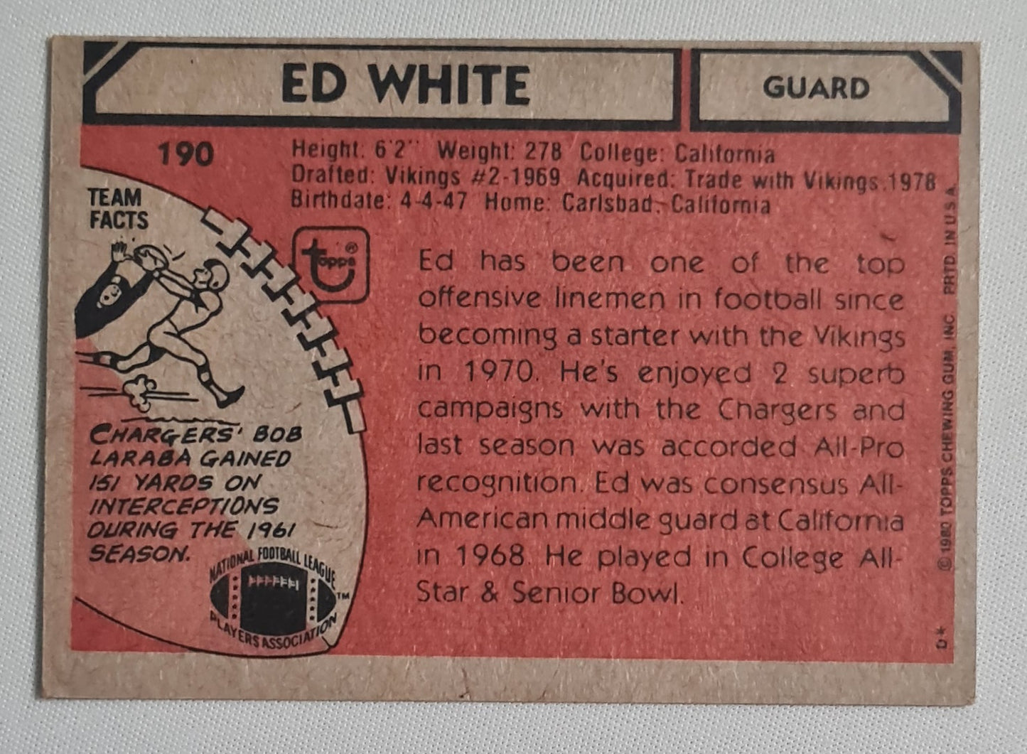 Ed White - 1980 Topps (from Chewing Gum edition pack) NFL Football AFC All-PRO #190