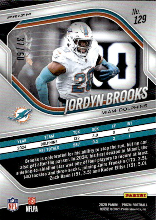 Jordyn Brooks - 2025 Panini Prizm Superbowl Prizm /60 #129 Miami Dolphins