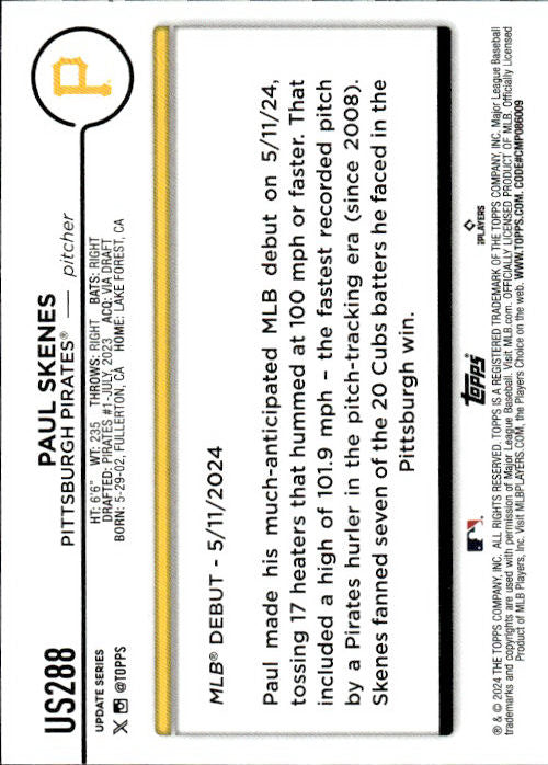 Paul Skenes - 2024 Topps Update Series Rookie Debut #US288 Pittsburgh Pirates