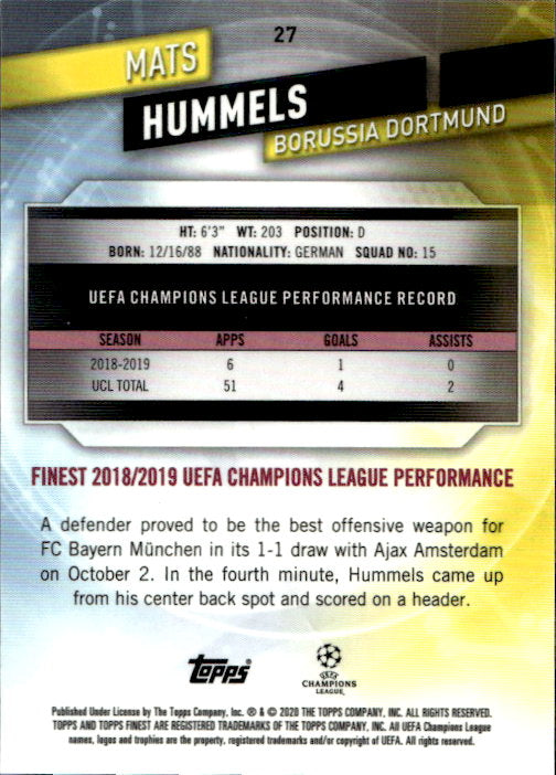 Mats Hummels - 2019 Topps Finest UCL Orange Refractor /25 #27 Borussia Dortmund
