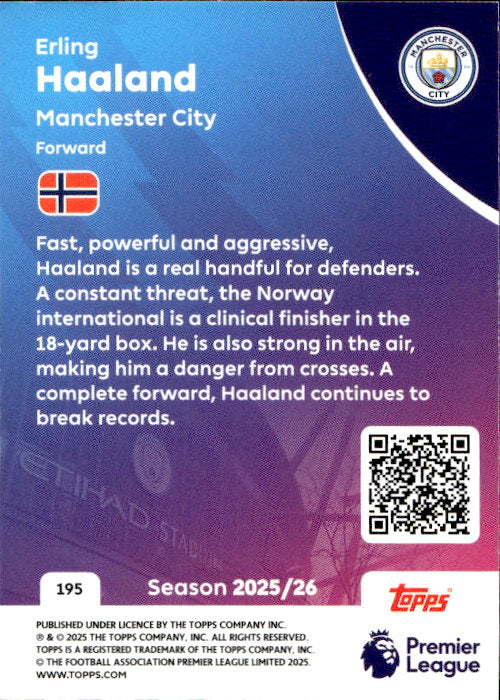 Erling Haaland - 2025/26 Topps Premier League #195 Manchester City