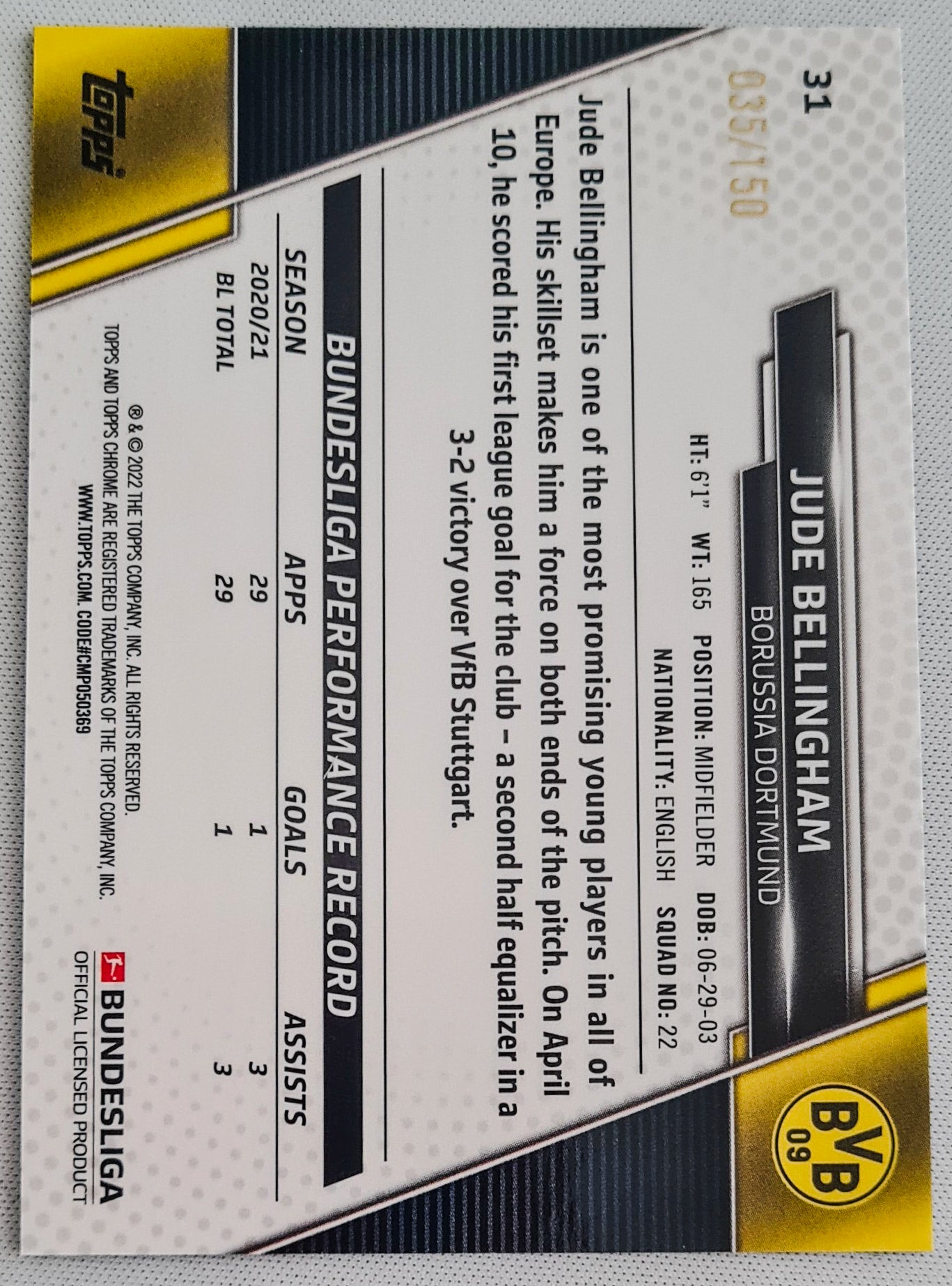 Jude Bellingham - 2022 Topps Chrome Bundesliga Blue Refractor /150