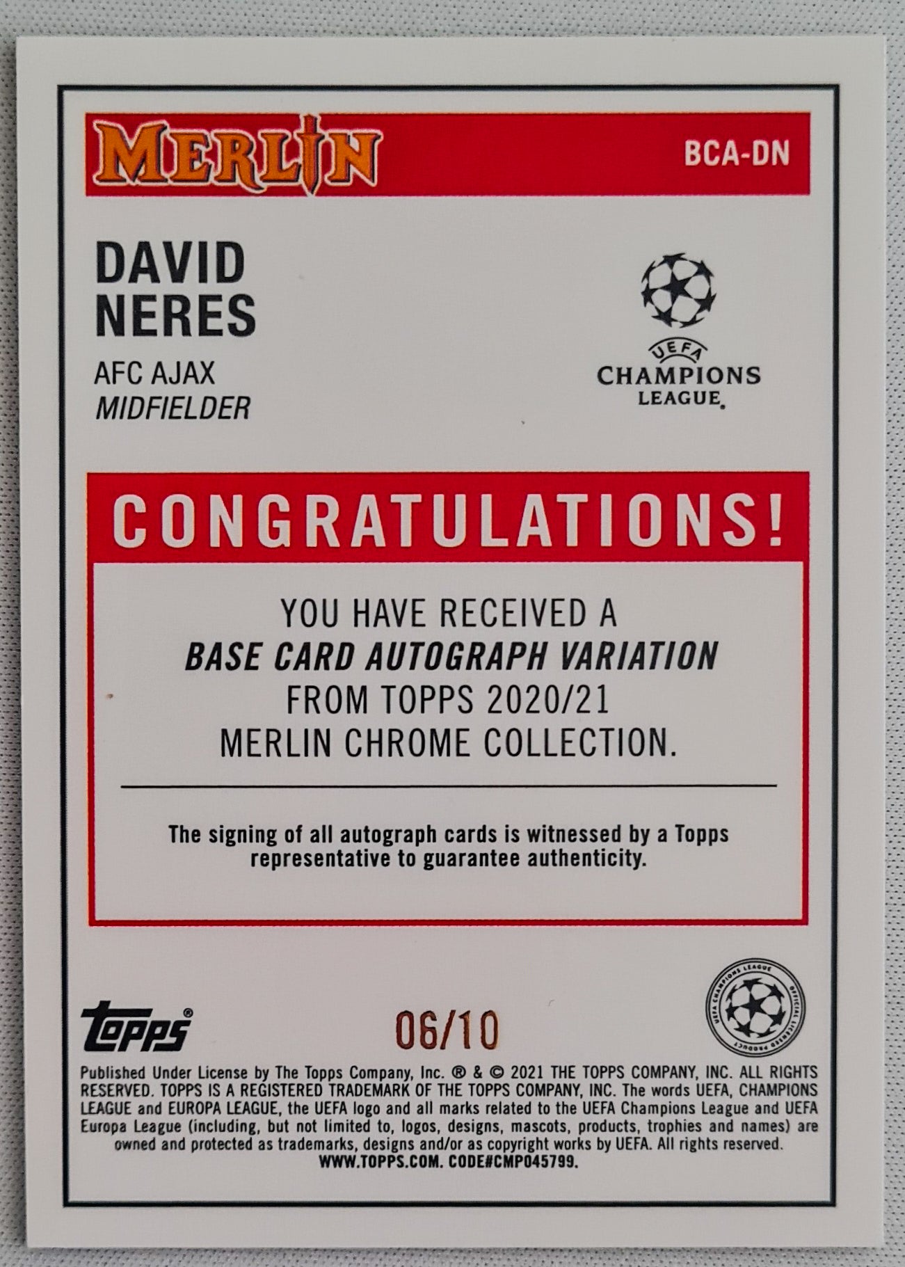 David Neres - 2021 Topps Merlin /10 Autograph