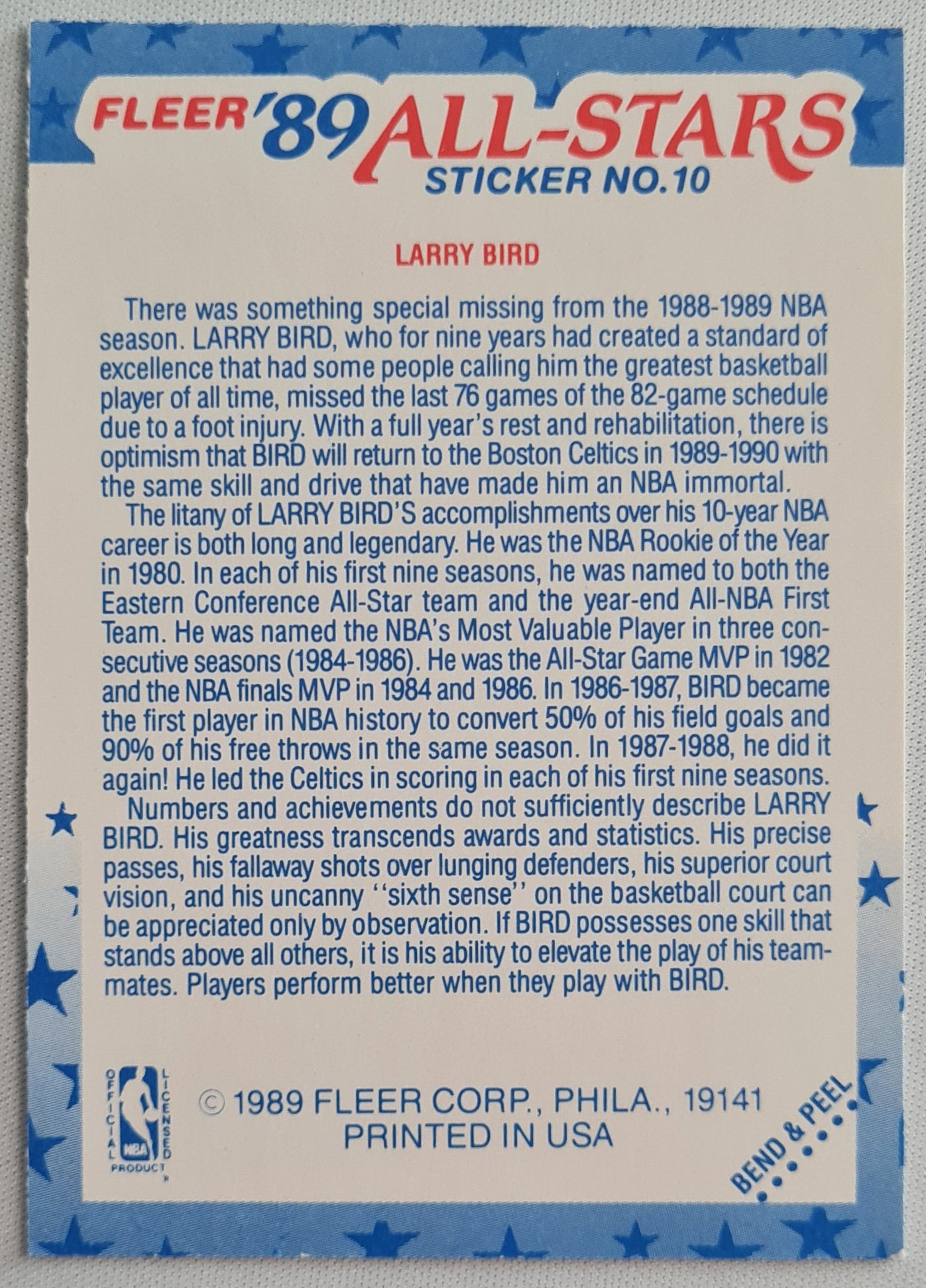 Larry Bird - 1989 Fleer All Stars Sticker #10