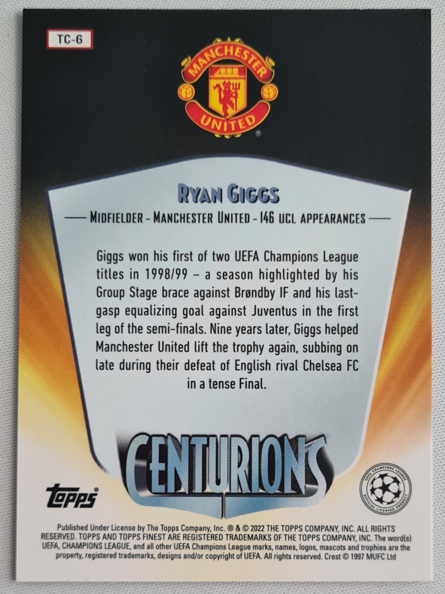 Ryan Giggs - 2022 Topps Finest Centurions #TC-6 - Manchester United