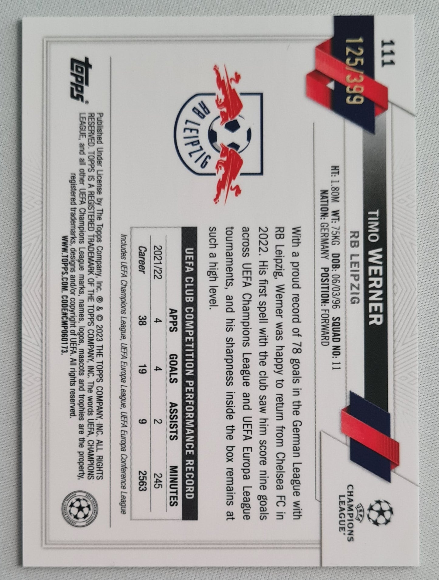 Timo Werner - 2023 Topps Chrome - Red Bull Leipzig - Green Shimmer /399