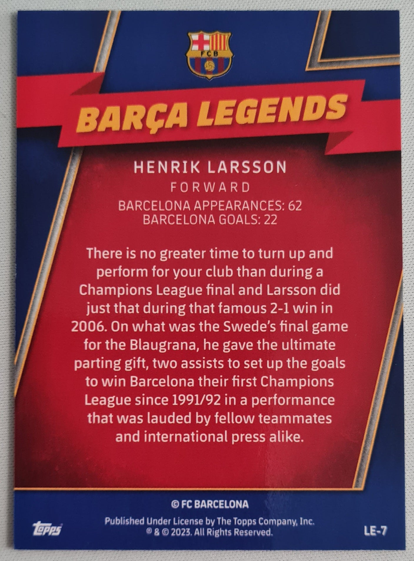 Henrik Larsson - 2023 Topps Chrome - Barca Legends - FC Barcelona Refractor