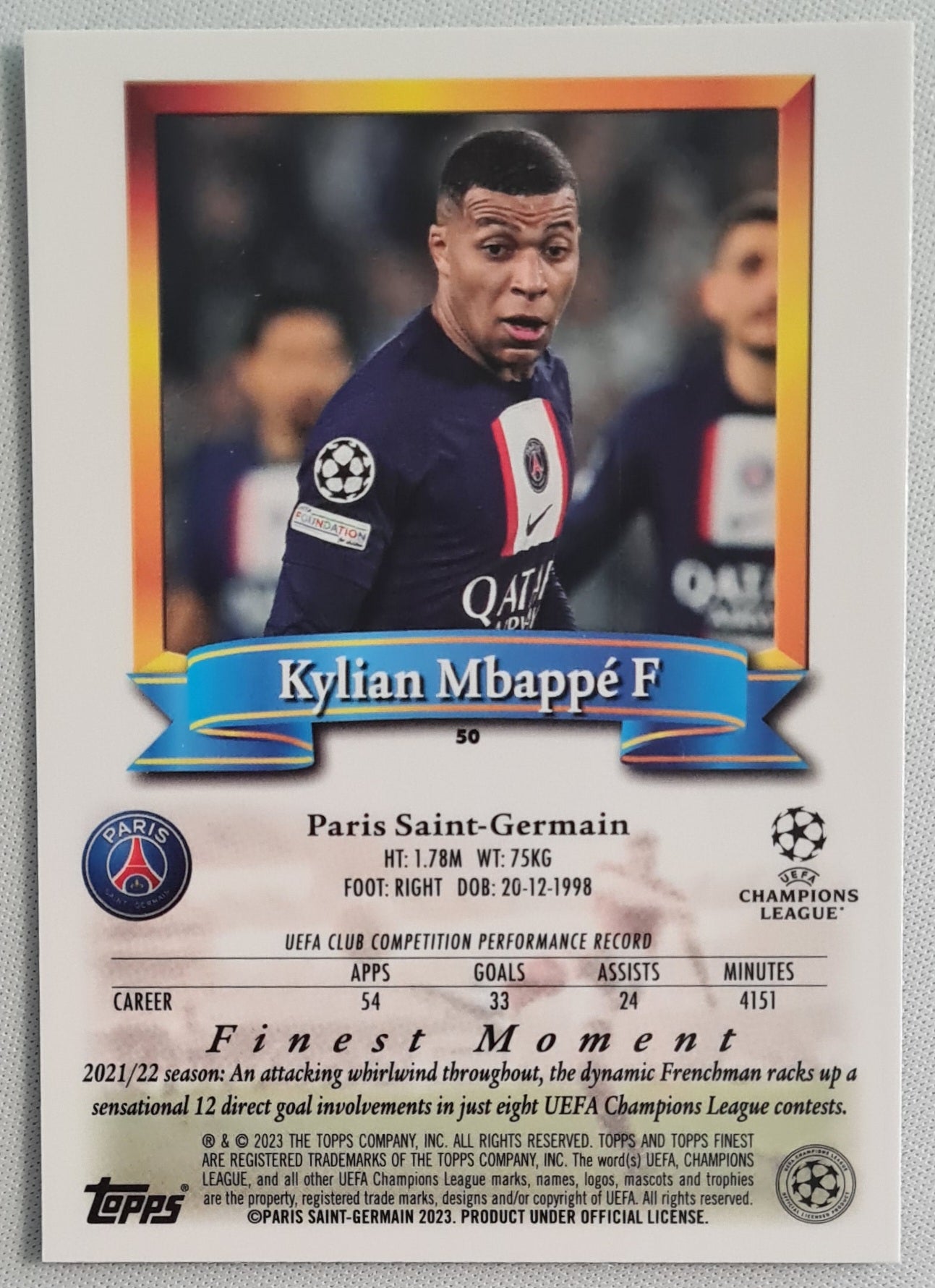 Kylian Mbappe - 2023 Topps Finest Moments #50 - PSG