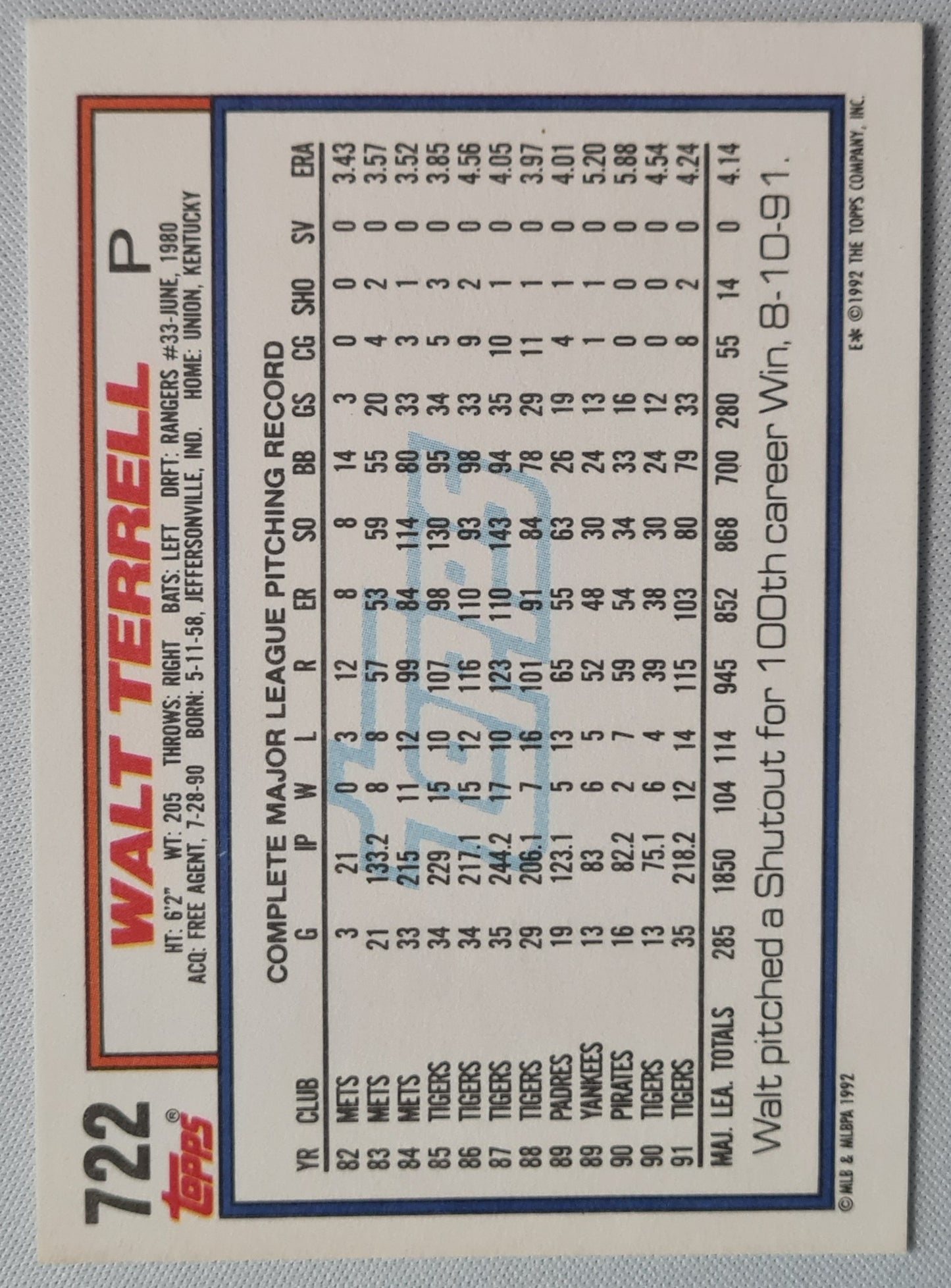 Walt Terry - 1992 Topps MLB Baseball Tigers #722