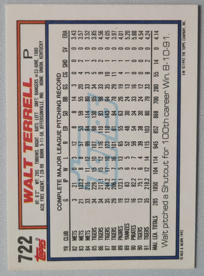 Walt Terry - 1992 Topps MLB Baseball Tigers #722