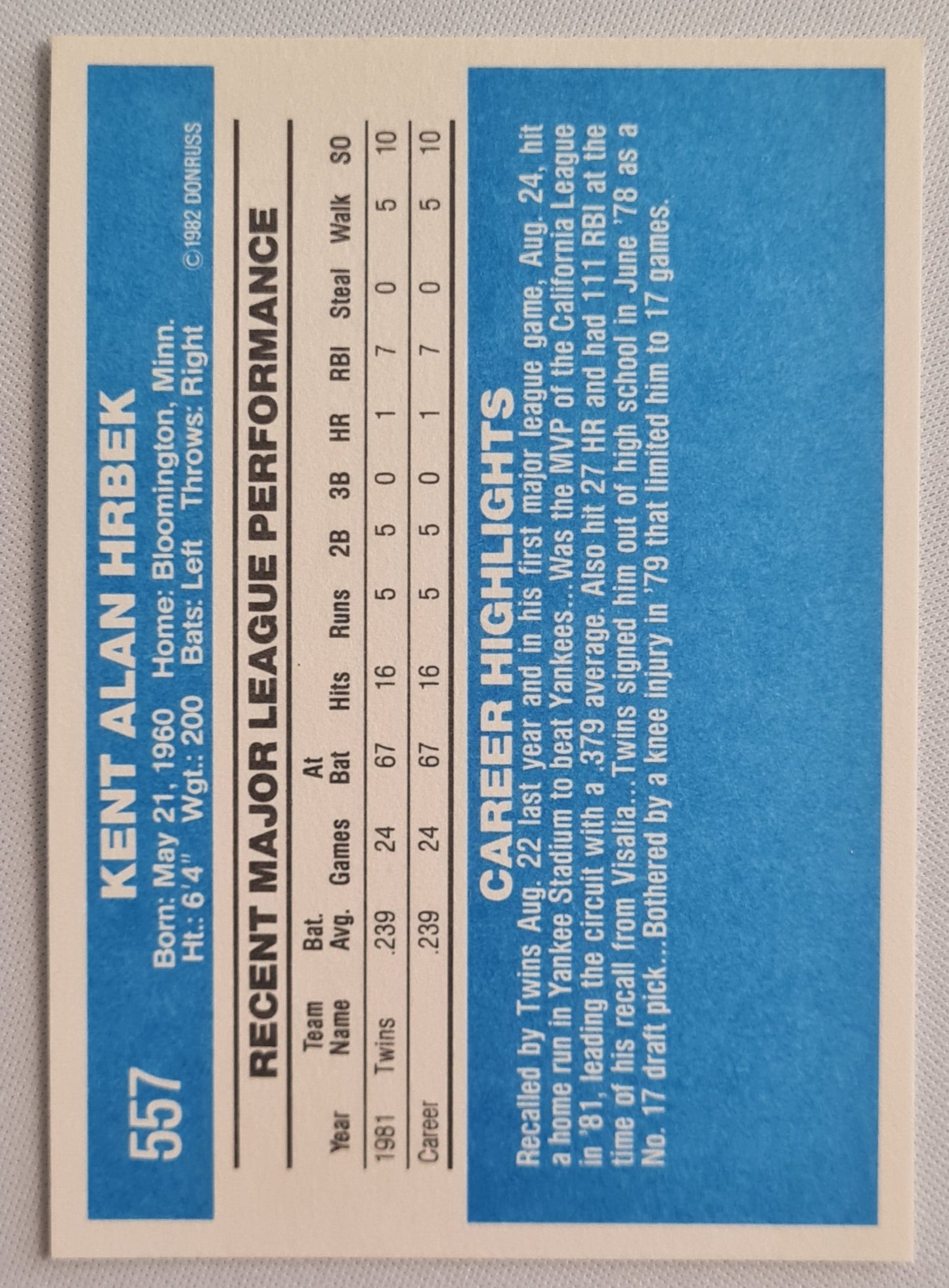 Kent Hrbek - 1982 Donruss Minnesota Twins #557
