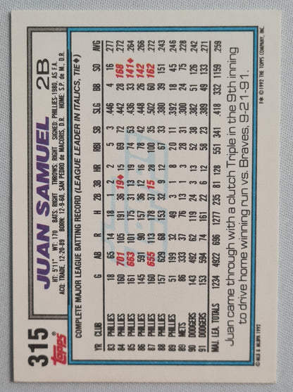 Juan Samuel - 1992 Topps L.A. Dodgers #315