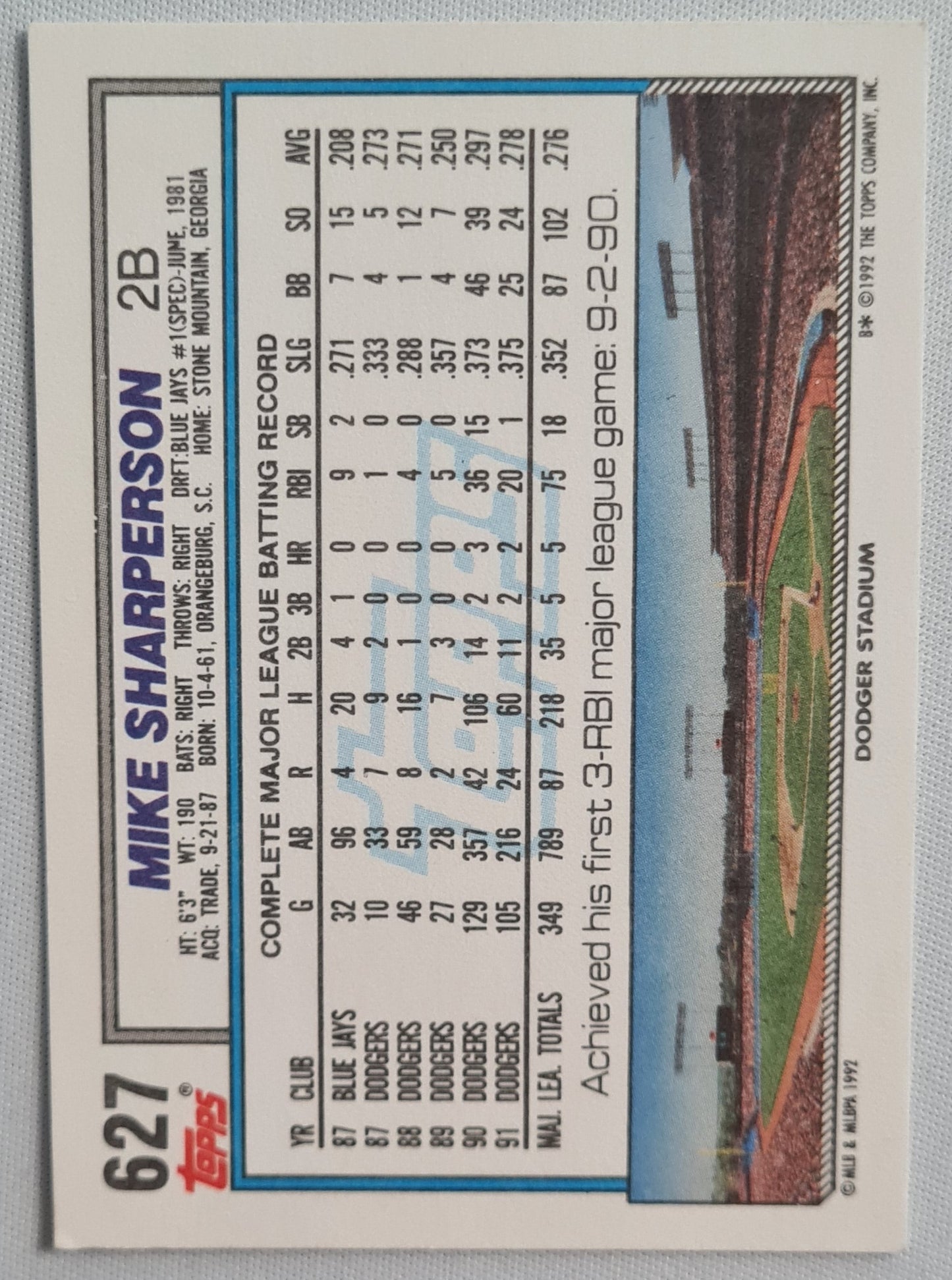 Mike Sharperson - 1992 Topps L.A. Dodgers #627