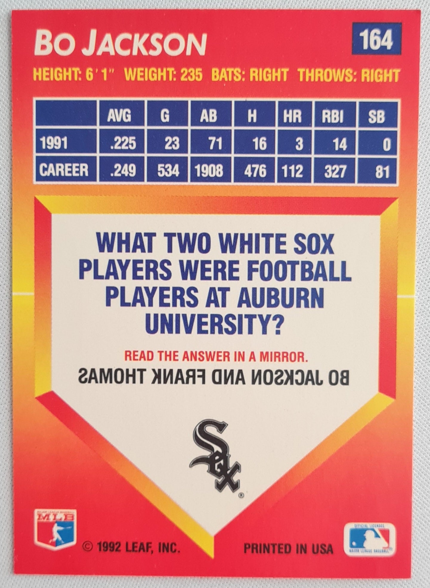 Bo Jackson - 1992 Leaf Donruss Triple Plat White Sox MLB #DH