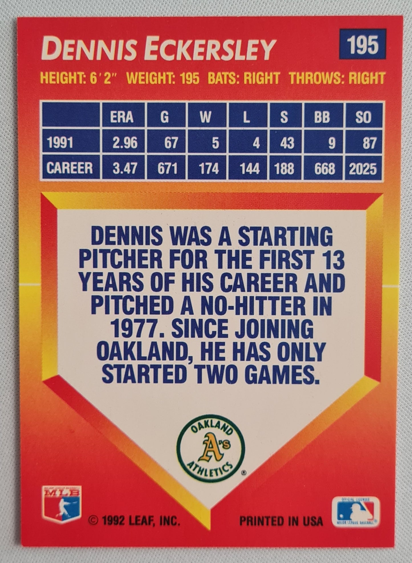 Dennis Eckersley - 1992 Leaf Donruss Triple Plate Oakland Athletics #RHP