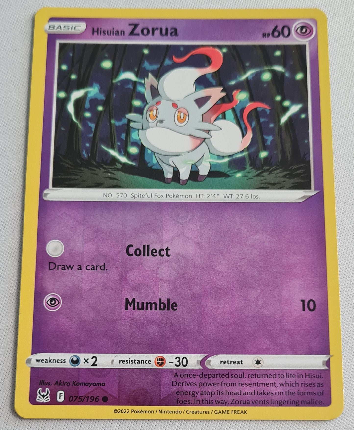 Hisuian Zorua - 2022  Common Lost Origin Pokemon TCG Card 075/196