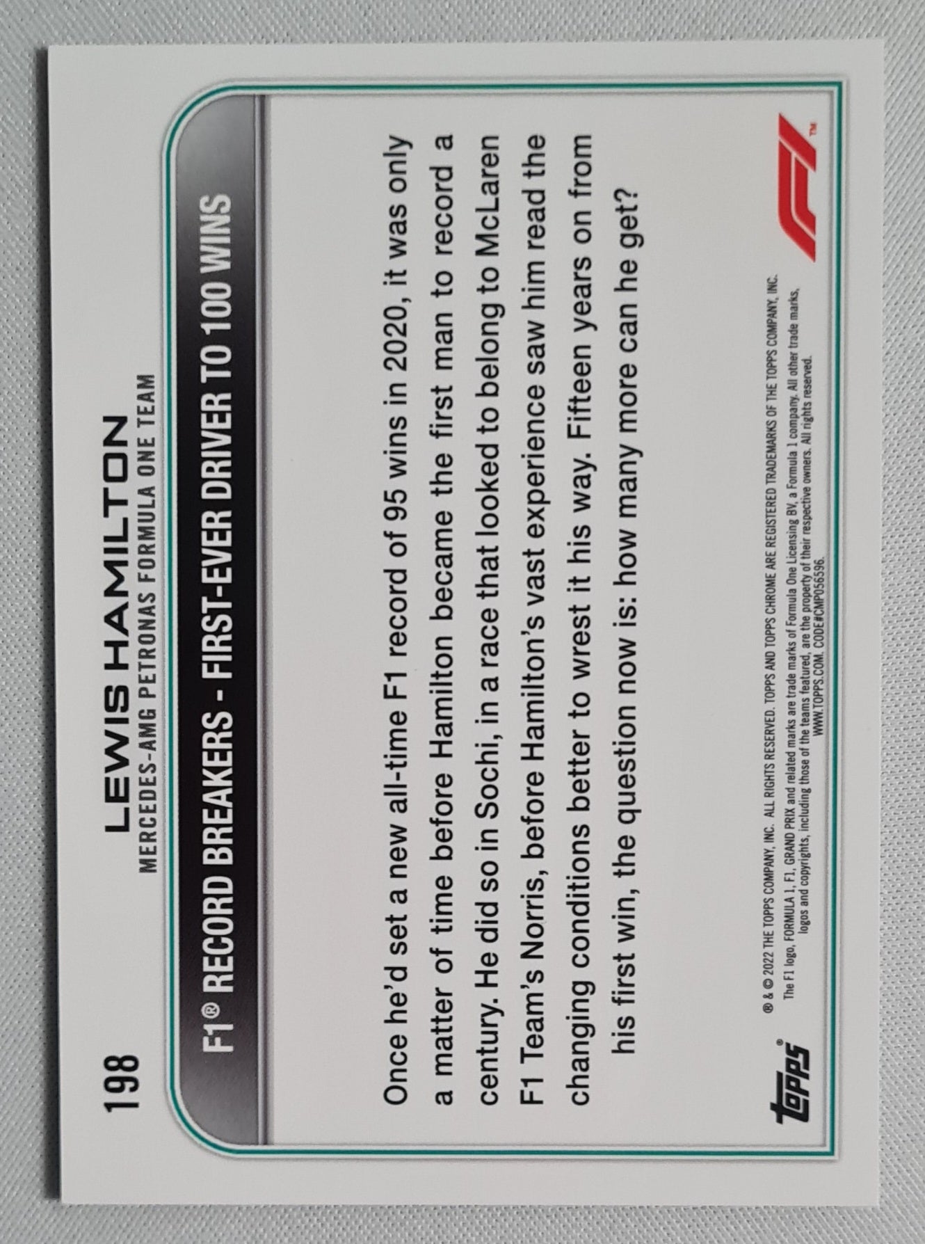Lewis Hamilton - 2022 Topps Chrome F1 "Record Breakers"-Frist-Ever Driver to 100 Wins #198