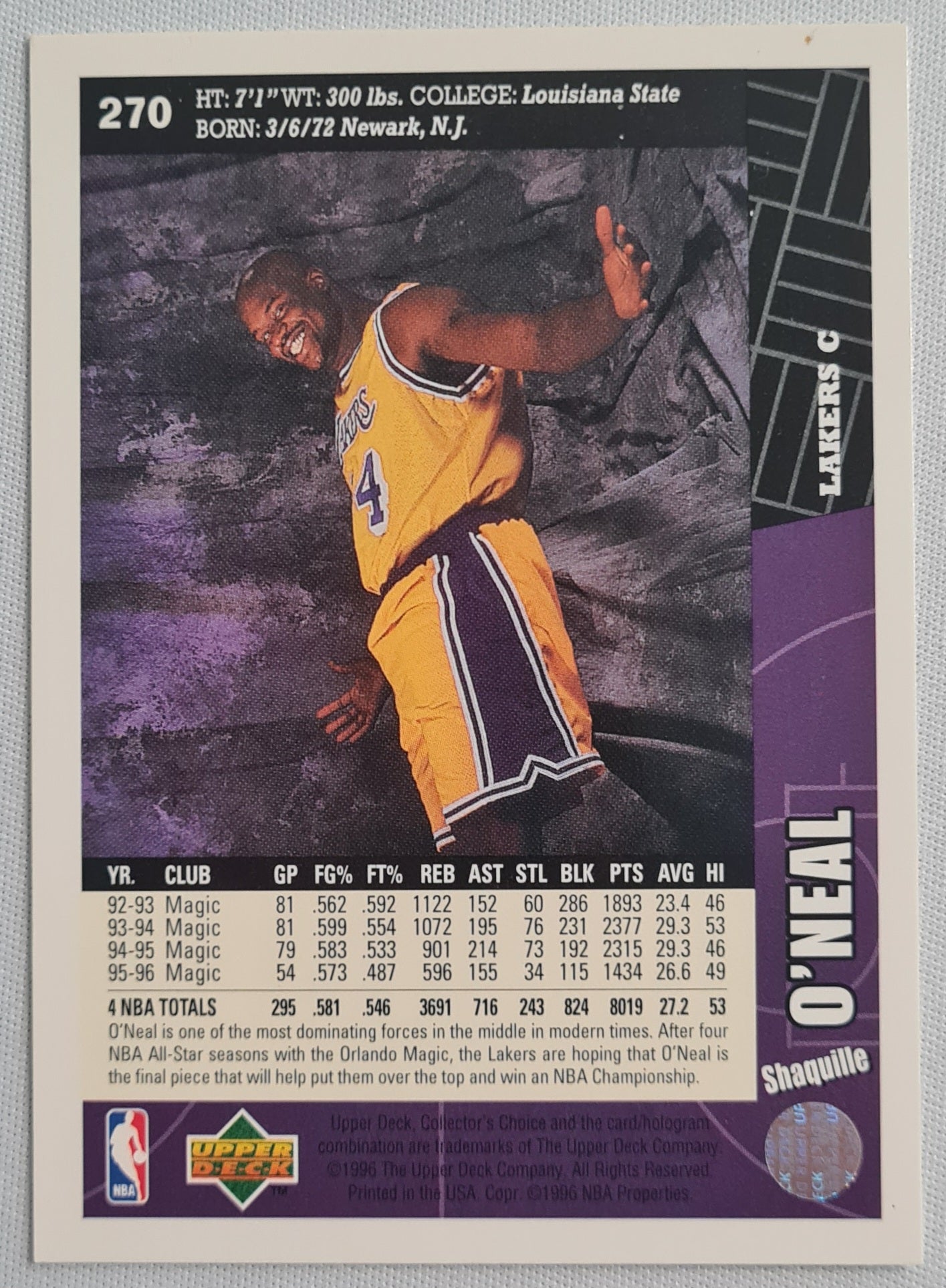 Shaquille O'Neal - 1996 Upper Deck Collector's Choice NBA L.A. Lakers #270