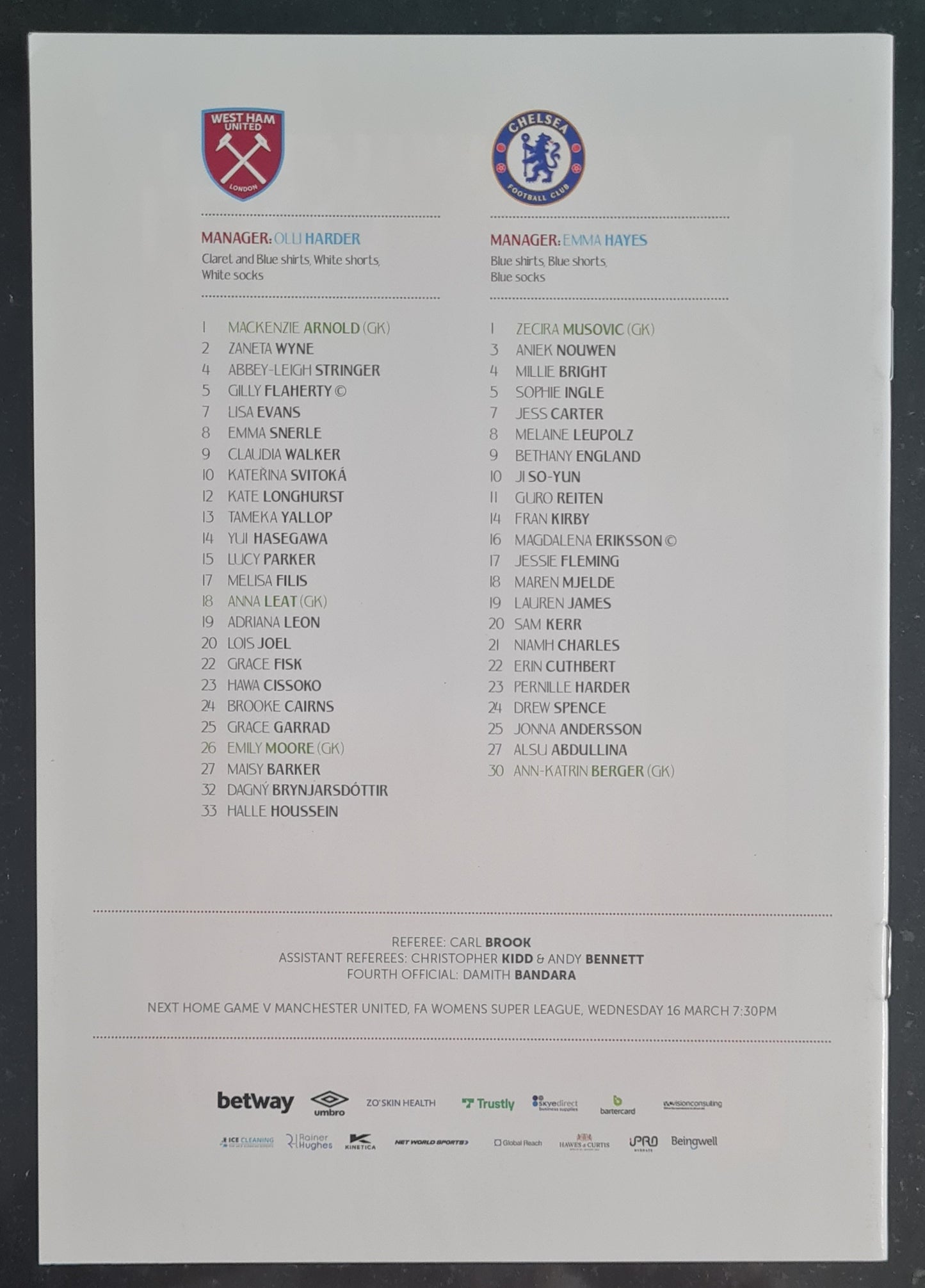Women Football West Ham United vs Chelsea Programme - 2022 English Women's Football League