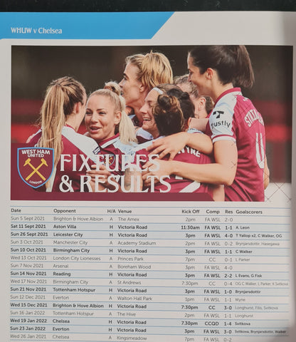 Women Football West Ham United vs Chelsea Programme - 2022 English Women's Football League
