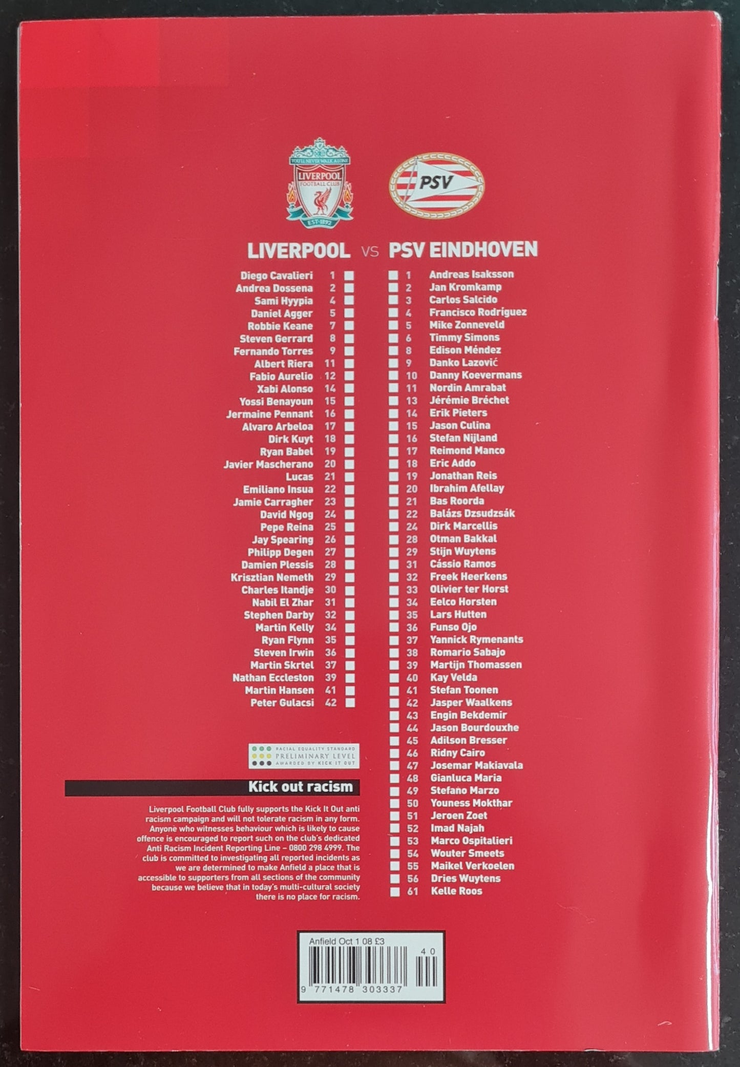 Anfield Official Matchday Programme - 2008 Liverpool vs PSV Eindhoven UEFA Champions League group stage