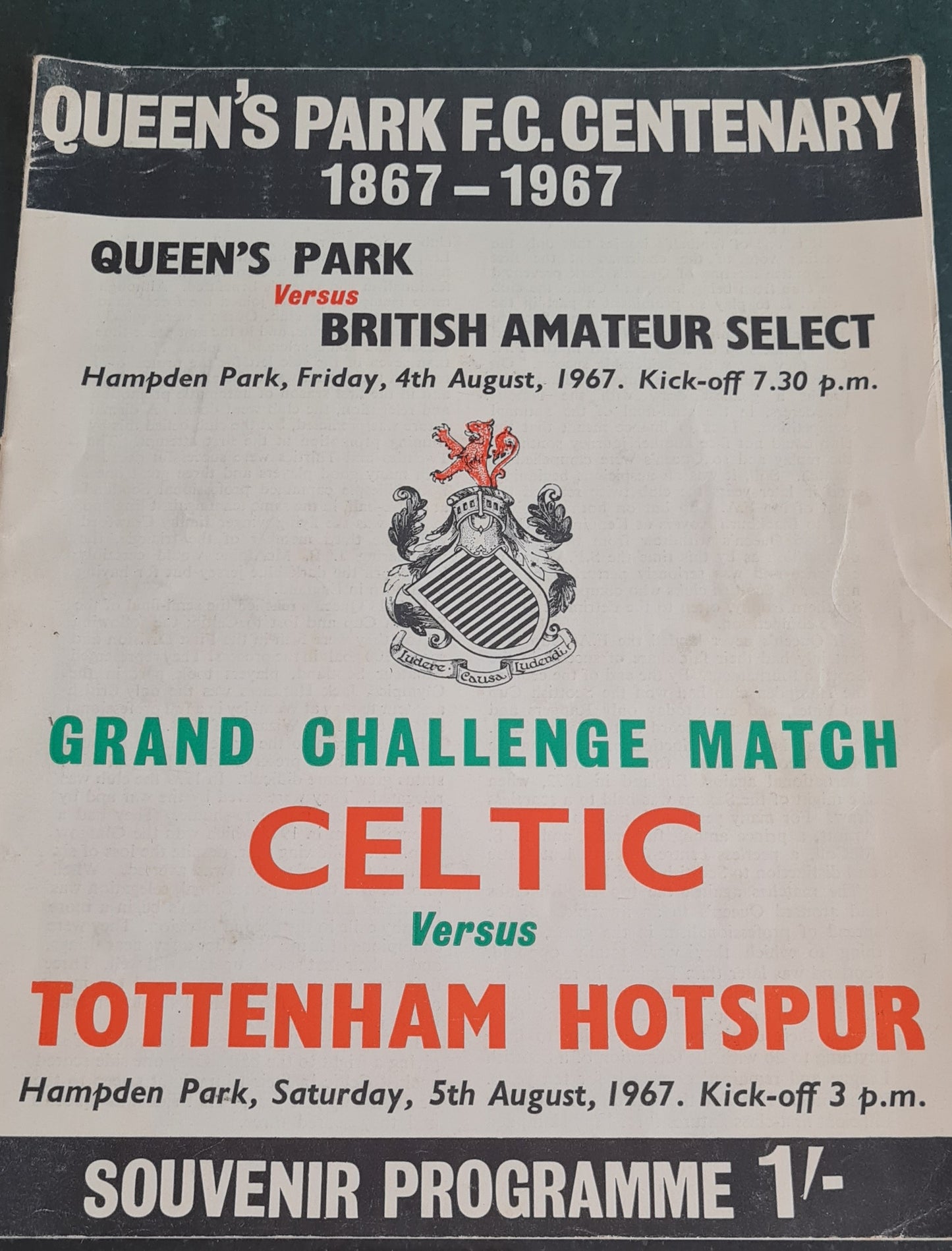 Queen's Park F.C. Centenary Vintage Souvenir Programme - 1967 featuring Celtic vs Tottenham Hotspur