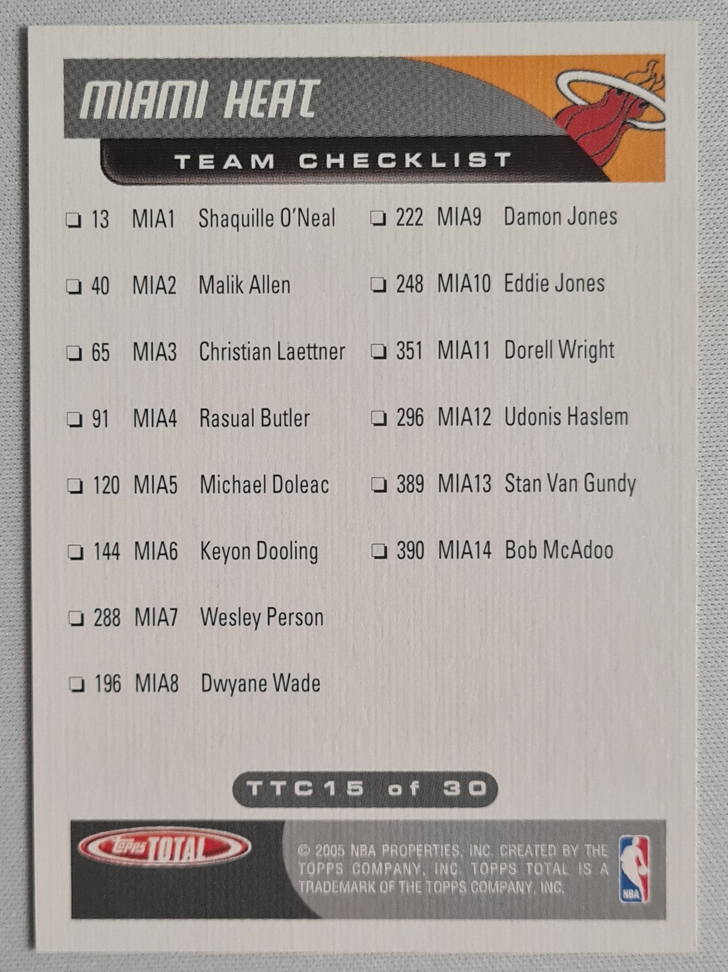 Shaquille O'Neal - 2005 Topps NBA Properties, TTC /30 Topps Total - Miami Heat NBA