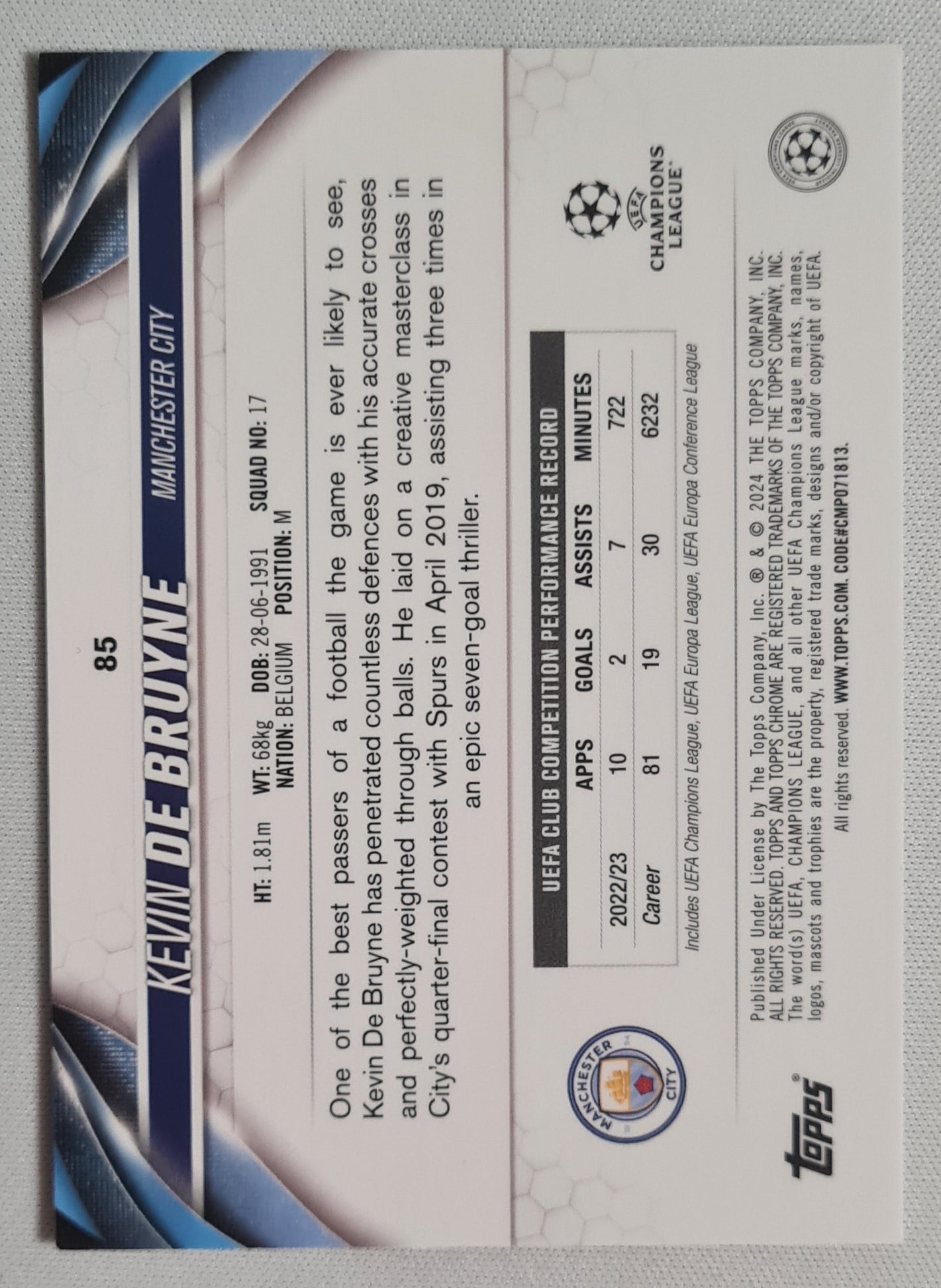 Kevin de Bruyne - 2024 Topps Chrome #85 Manchester City Aqua Refractor