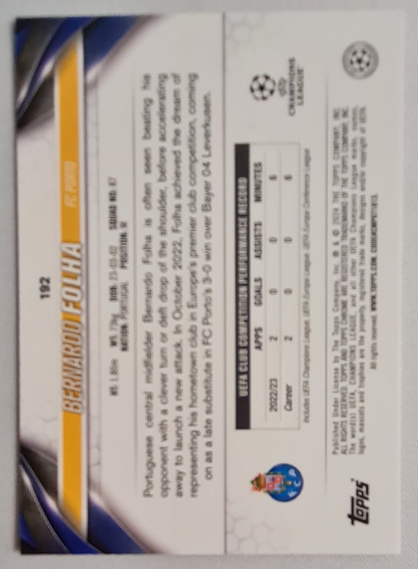 Bernardo Folha - 2024 Topps Chrome (RC) FC Porto #192 CL Aqua Prism
