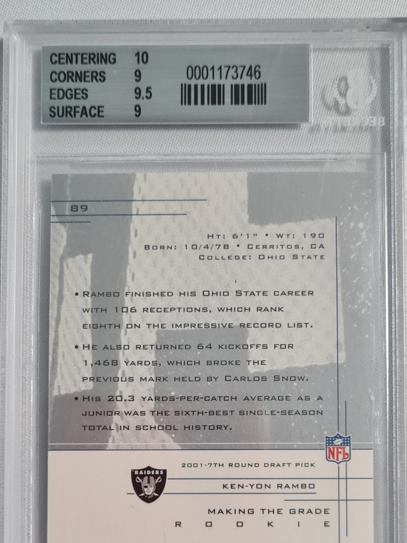 Ken-Yon Rambo - 2001 UD Graded #89 Rookie Series Portrait /900 Raiders Beckett 9