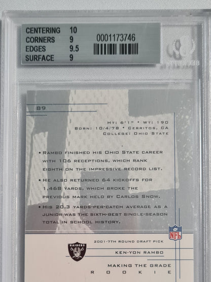 Ken-Yon Rambo - 2001 UD Graded #89 Rookie Series Portrait /900 Raiders Beckett 9