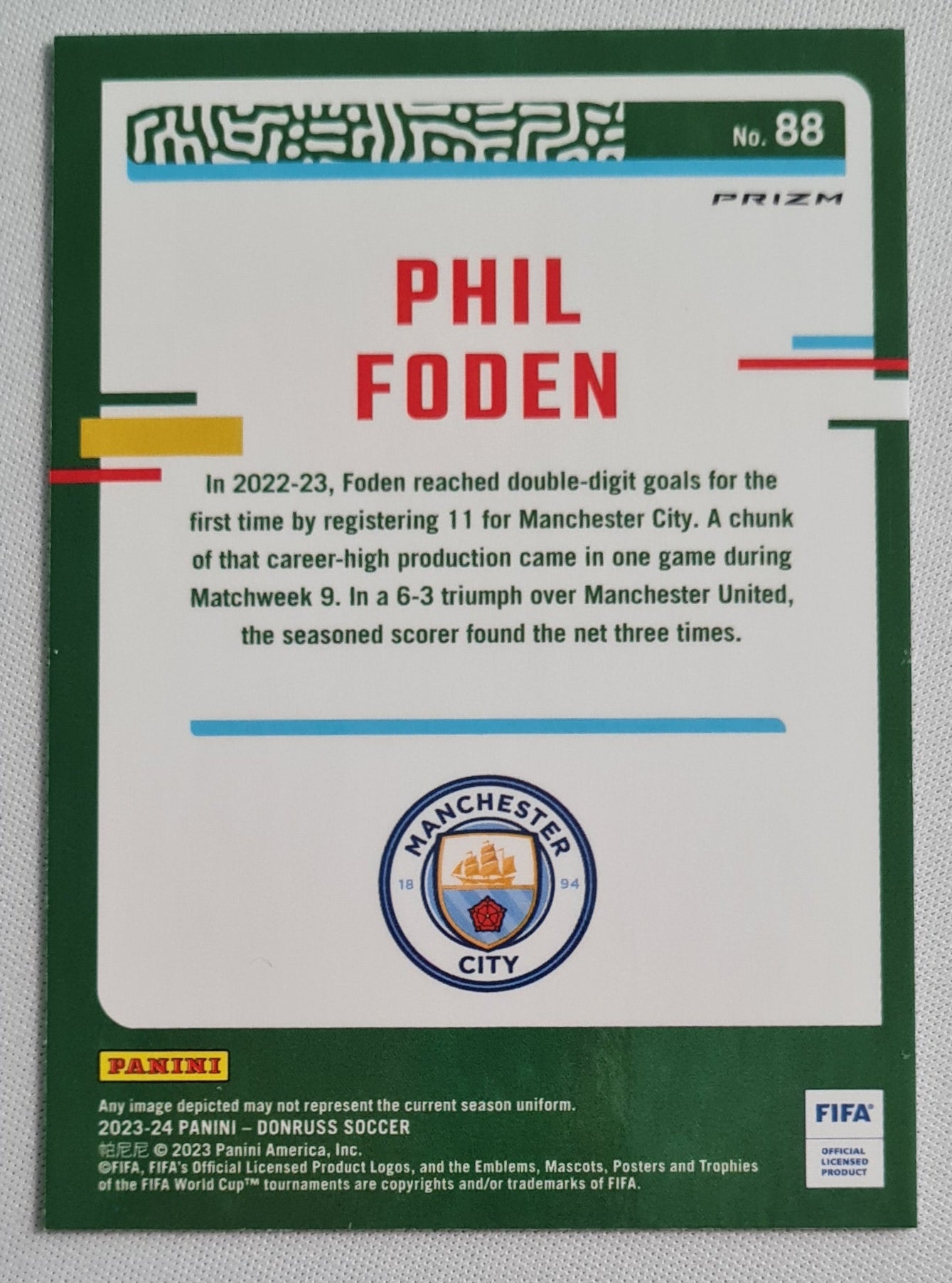Phil Foden - 2023/24 Donruss Soccer #88 Prizm Manchester City FIFA Silver Velocity