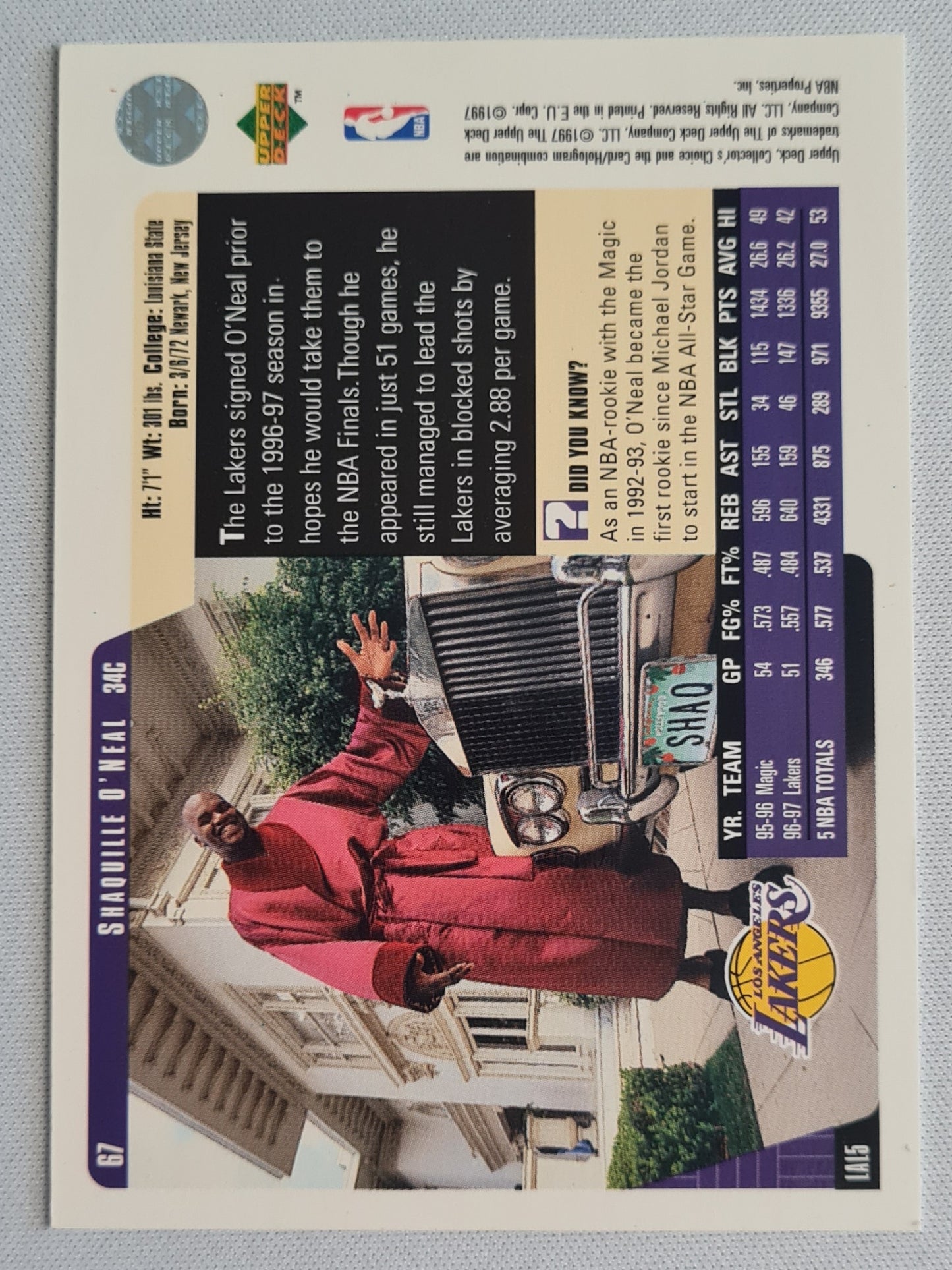 Shaquille O'Neal - 1997 Upper Deck Collector's Choice L.A. Lakers #67 (34C)